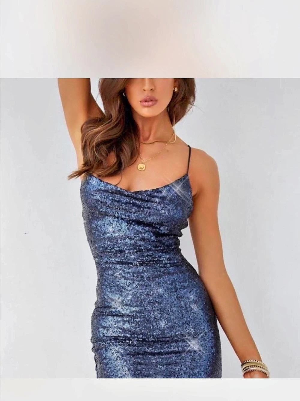 Lulus Famous Behavior Navy Blue Sequin Cowl Neck Mini Dress Like New